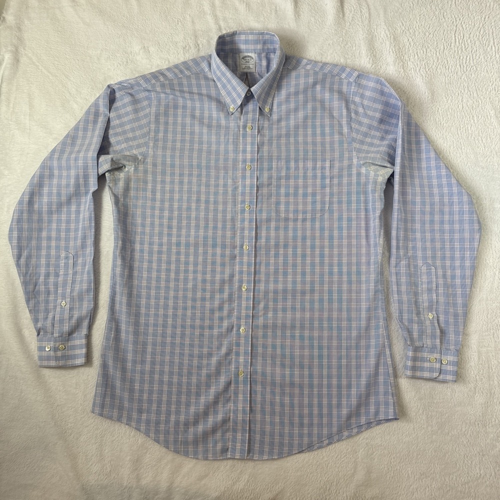 Brooks Brothers 346 Blue White Plaid Oirignal Polo‎ Shirt 16.5 100% Cotton